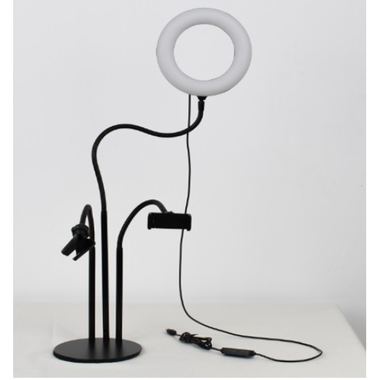 RING LIGHT LS-160-7 6.0" WITH MICROPHONES AND PHONE HOLDER 3 COLOR LIGHT ADJUSTMENT BLACK RING LIGHT LS-160-7 6.0" WITH MICROPHONES AND PHONE HOLDER 3 COLOR LIGHT ADJUSTMENT BLACK